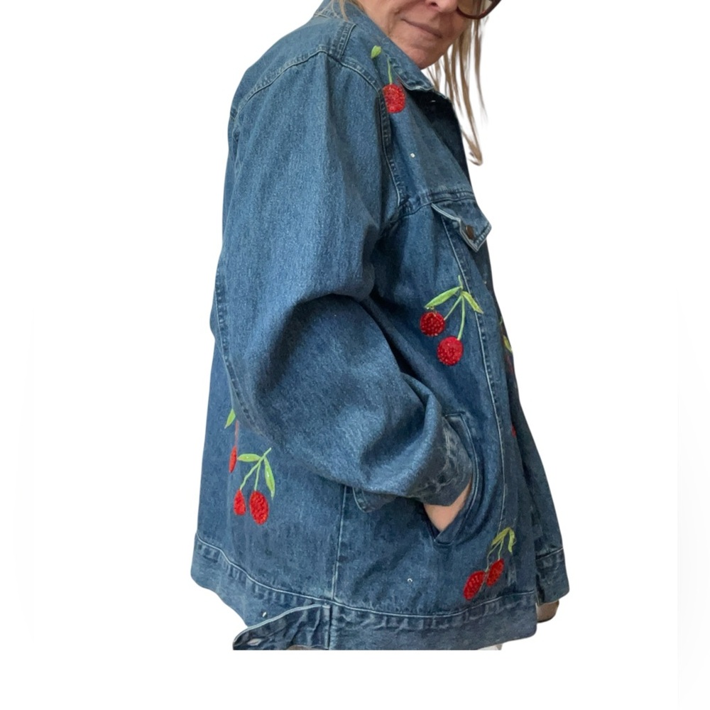 Quacker Factory Blue Denim Jacket with Cherry Embroidery-1X - Picture 10 of 10